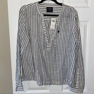 NWT Abercrombie & Fitch L Tie Front Blue & White Striped Linen Shirt Long Sleeve